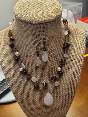 Lia Sophia Rose Quartz and Smoky Bead Double-Strand Necklace with Earrings